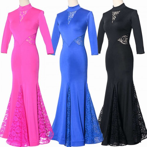 Black lace Fuchsia pink royal blue purple Ballroom dance dress for women waltz modern dance dress high neck lace waltz tango foxtrot dance dress